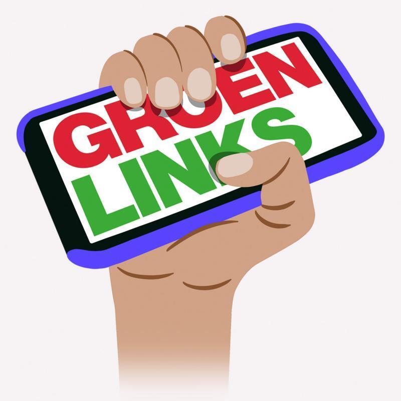 Vuist met daarin een mobiele telefoon met het GroenLinks logo.